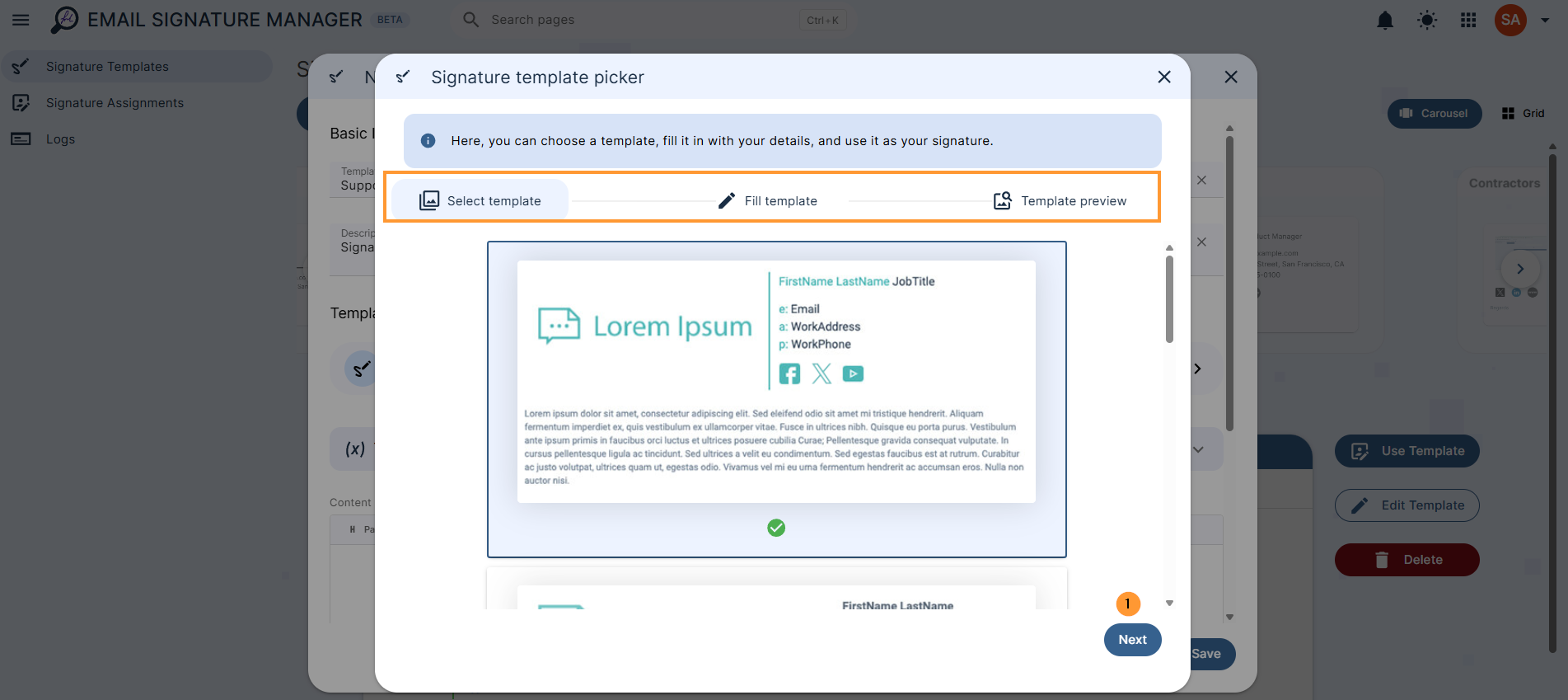 Template content - this is the HTML content of the signature template Pick predefined template - select to pick from any of our templates Select template