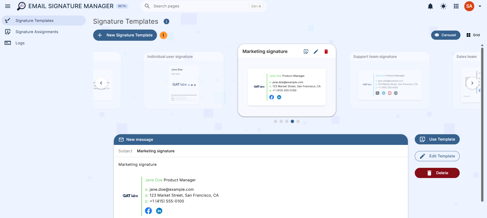 Introducing GAT Email Signature Manager. Dashboard showing the tool. Navigate to Signature templates > New Signature template