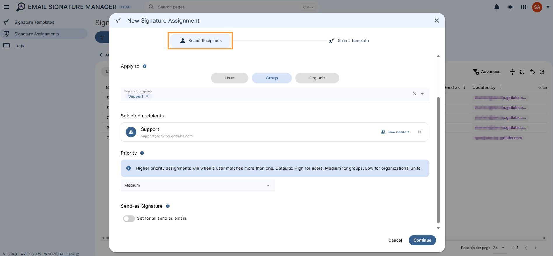 Enter assignment name Add description Apply to - Choose a single type for this assignment: users, groups, or organizational units. Selected recipients - review the members of the selected group or org. unit Priority - Higher priority assignments win when a user matches more than one. Defaults: High for users, Medium for groups, Low for organizational units. Low Medium High Send-as Signature - When enabled, this signature is also set as the user's send-as signature in Gmail. Set for all send-as emails - enable or disable.