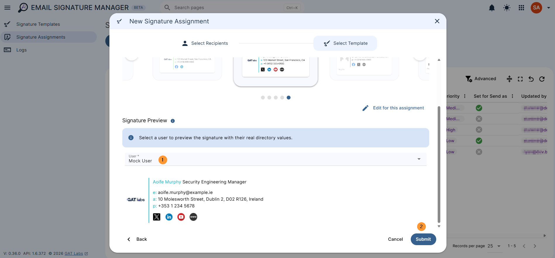 Signature preview - Select a user to preview the signature with their real directory values.