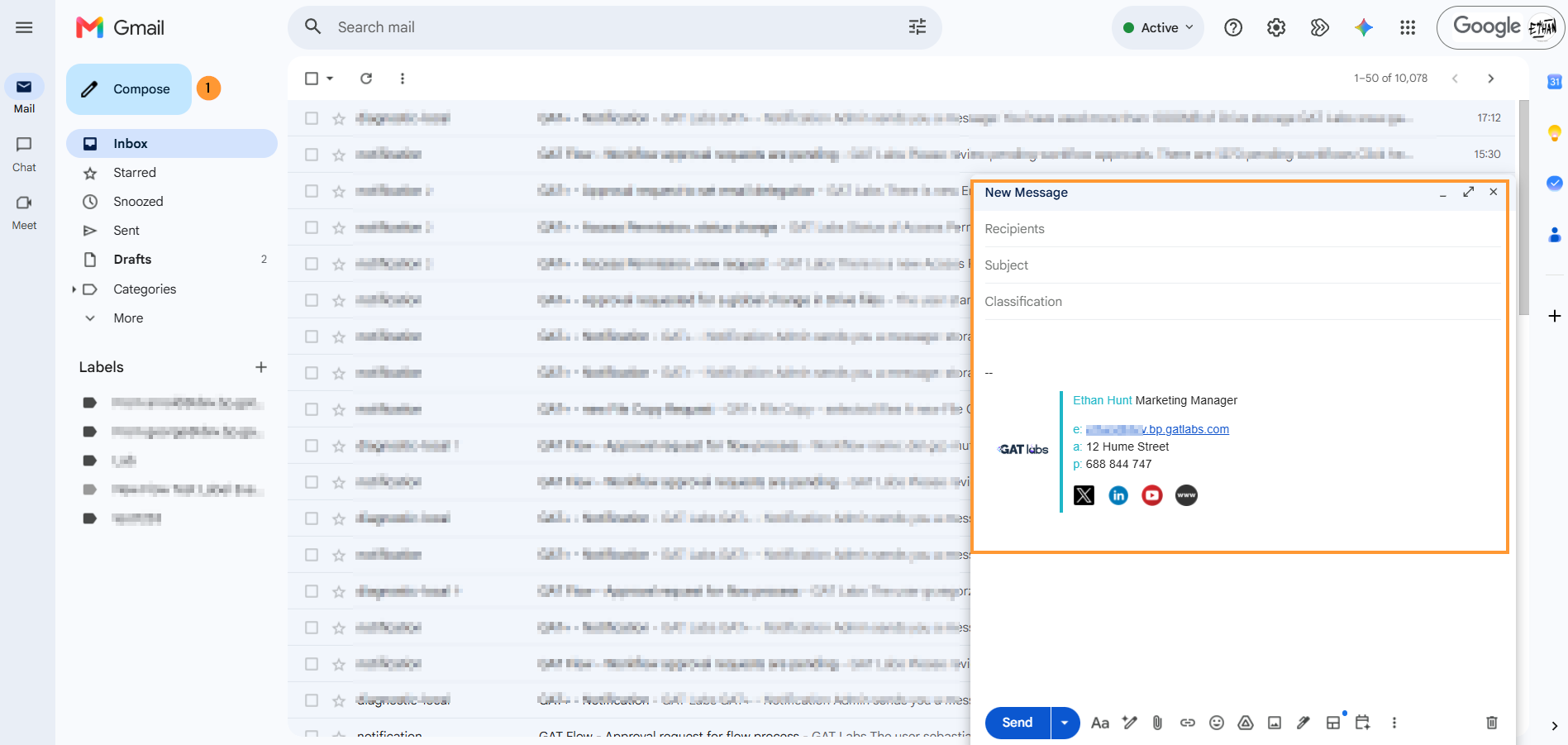 When the signature is run automatically daily, the end users will have it automatically applied on their accounts. When composing a new message, the signature will be applied in the user's Gmail.