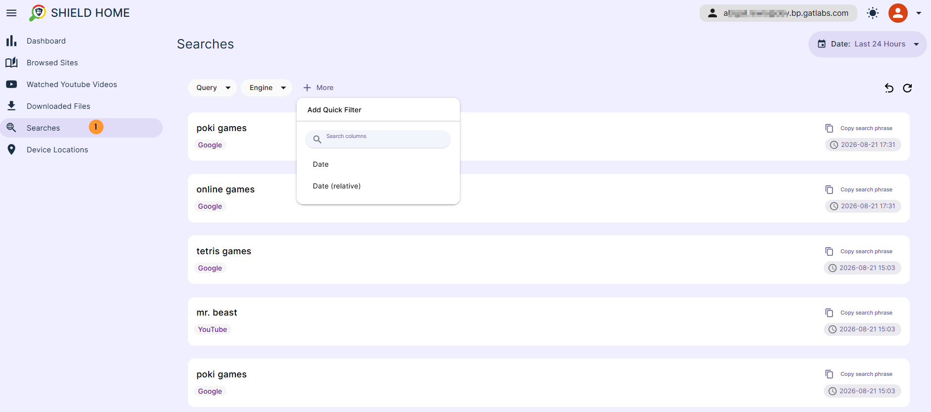 The searches will show all the searches the student does. Filters can be applied. Search for the query, the search engine the student used, and the date frames.