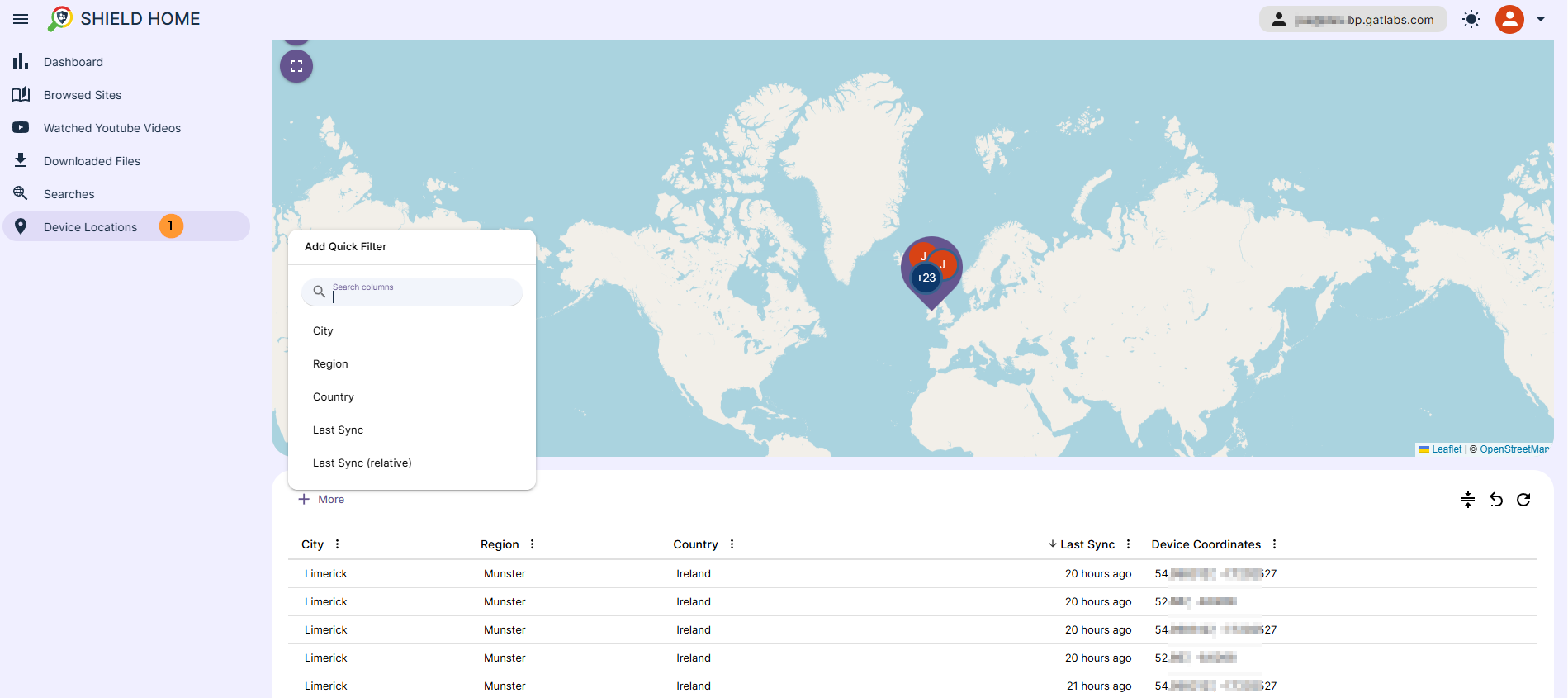 The device location will show the student and their location on the map. The Guardian can zoom in to see the exact location reported by the student's Chrome browser. Additional filters can be applied.