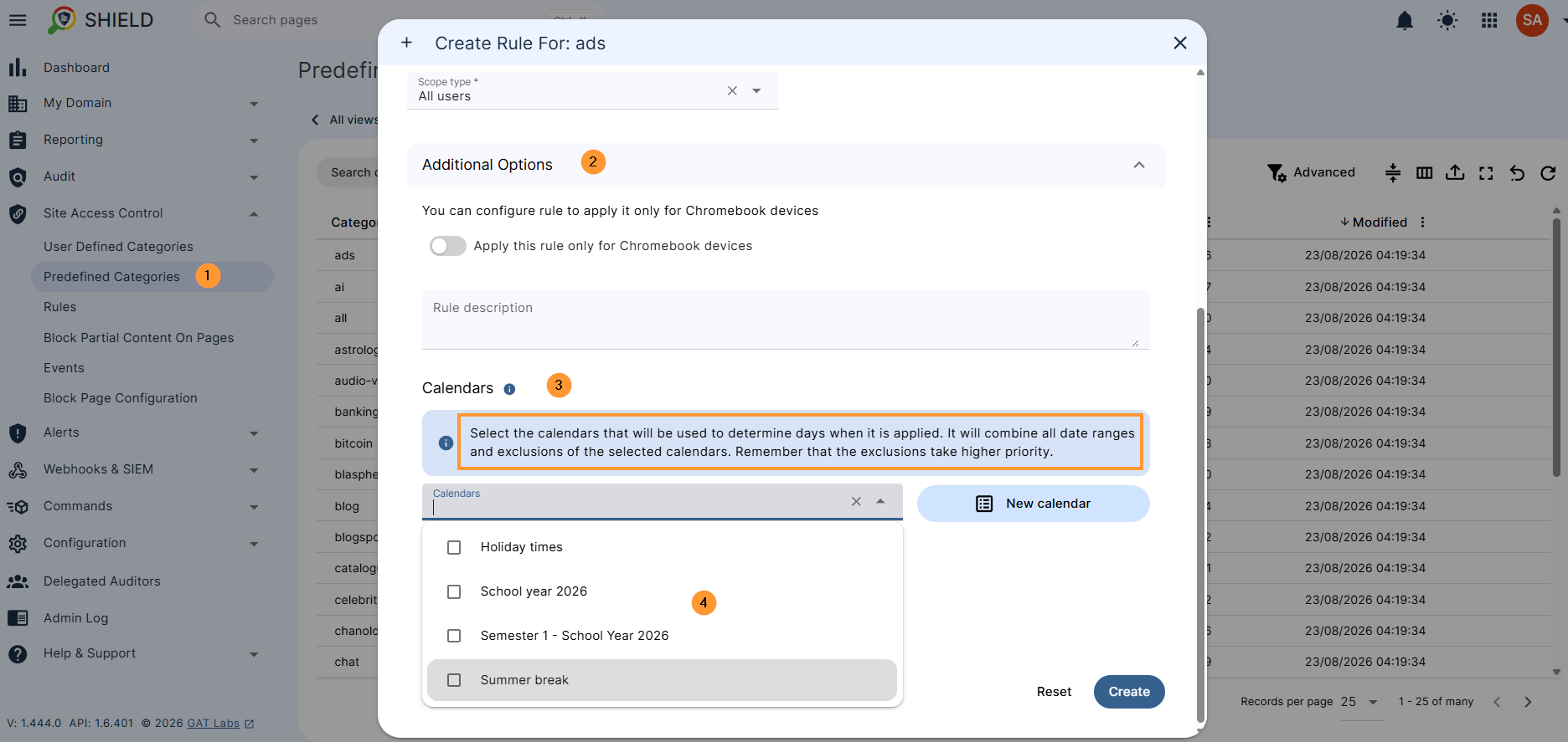 Site Access Control - Predefined categories Create the rule. Under the Additional options, select the Calendars option  Select the calendars that will be used to determine the days when it is applied. It will combine all date ranges and exclusions of the selected calendars. Remember that the exclusions take higher priority.