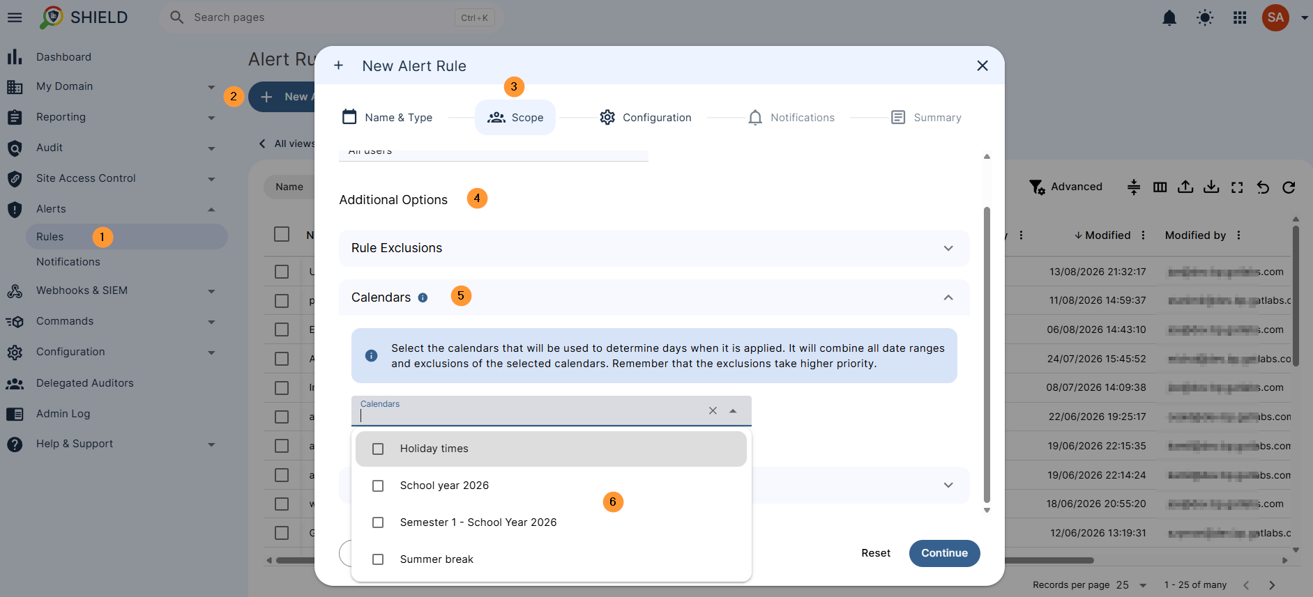 Example 2: Alerts > Rules  Create a new alert rule, and in the Scope section Under the Additional options, select the Calendars option  Select the calendars that will be used to determine the days when it is applied. It will combine all date ranges and exclusions of the selected calendars. Remember that the exclusions take higher priority.