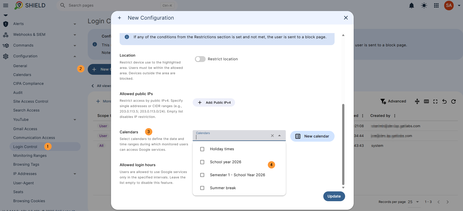 Configuration > Login Control New configuration  Under the Restrictions option, select the Calendars Select the calendars that will be used to determine the days when it is applied. It will combine all date ranges and exclusions of the selected calendars. Remember that the exclusions take higher priority.
