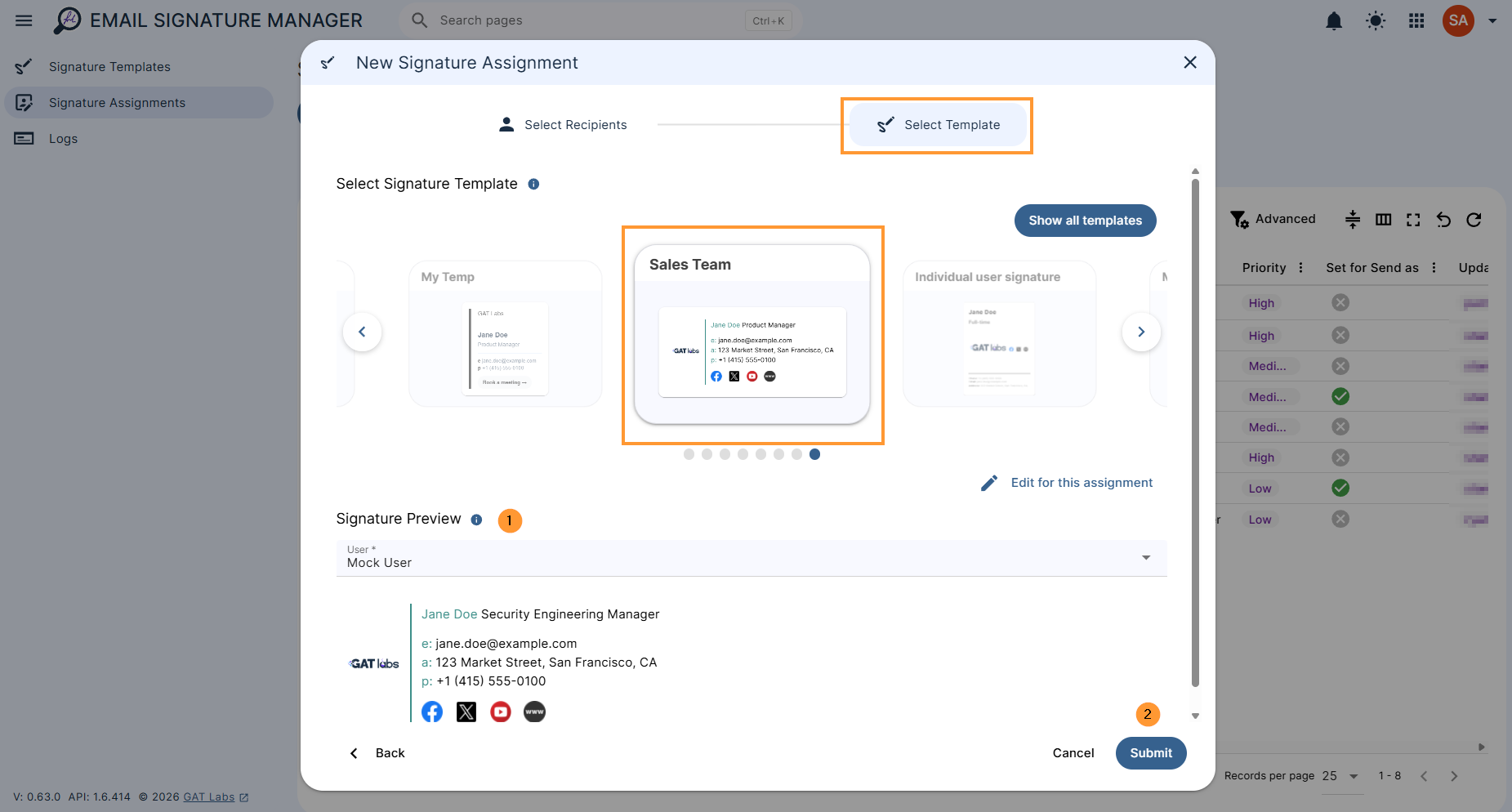 In "Select template", simply select the template you want. Signature preview - Select a user to preview the signature with their real directory values.