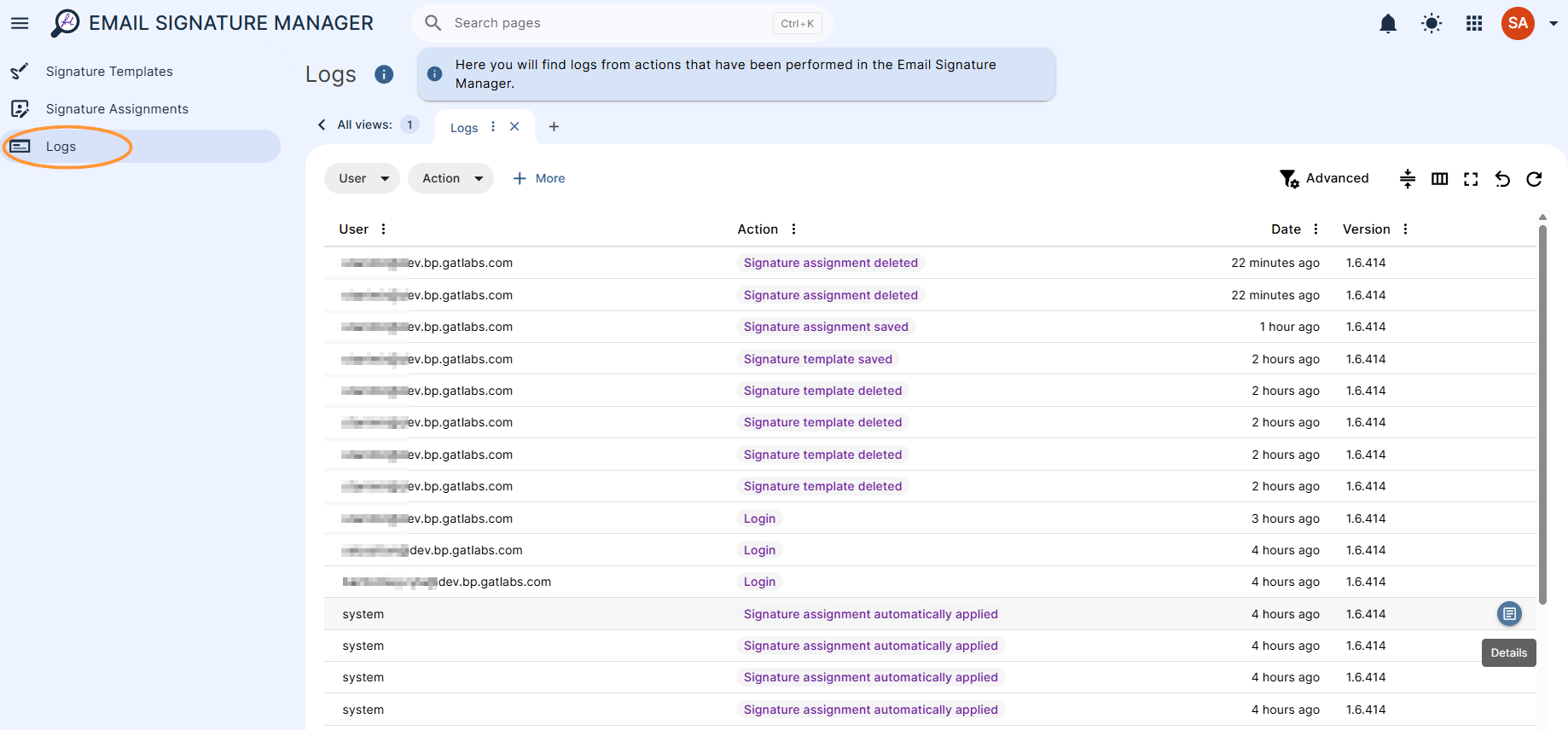 Navigate to Email Signature Manager > Logs