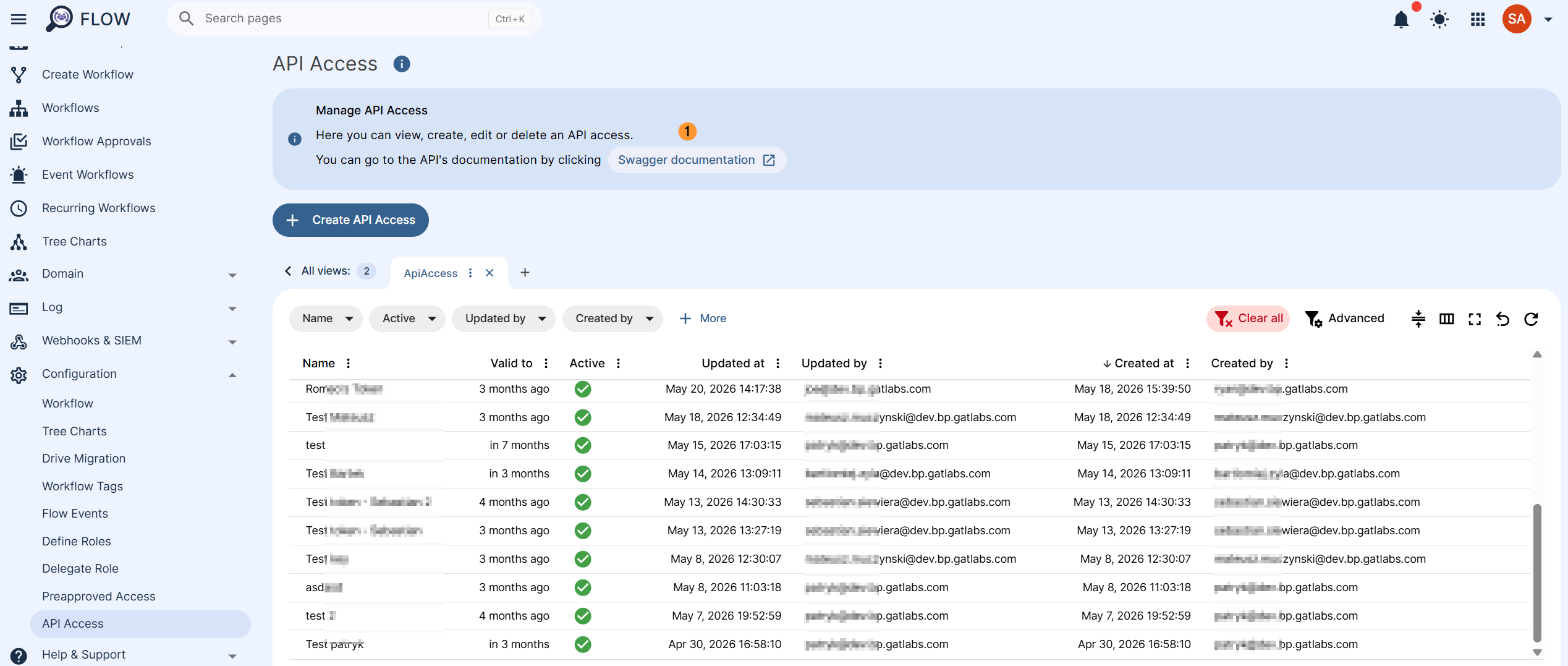 GAT Flow API Access page showing the Create API Access button and Swagger documentation link for managing API tokens.