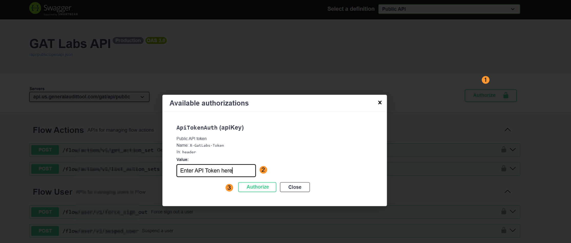 GAT Flow API Swagger documentation showing how to authorize access by entering an API token and clicking Authorize.
