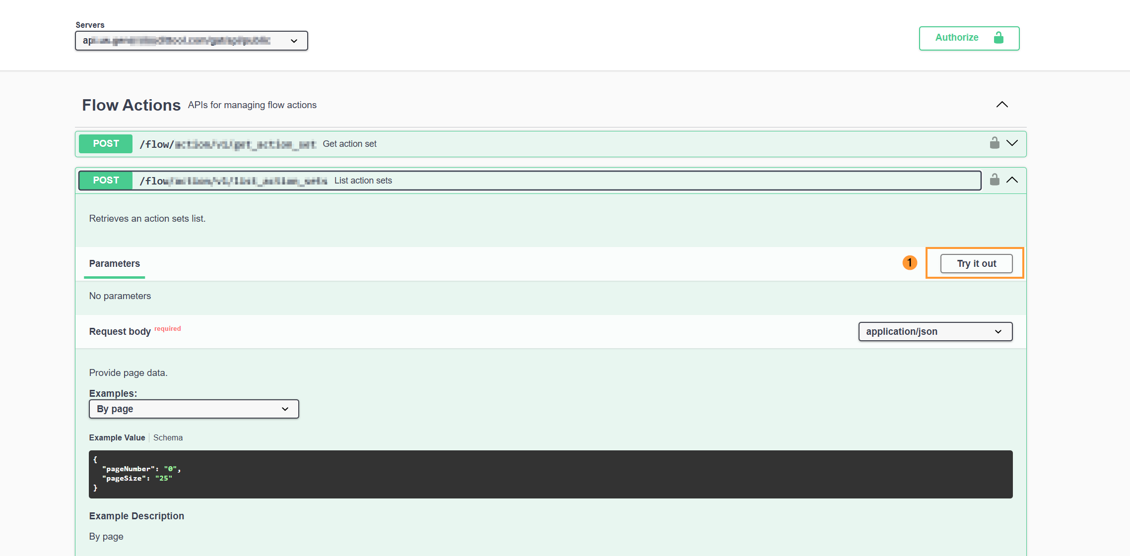 GAT Flow API Swagger documentation showing an API endpoint with the Try it out option, request body, and example parameters for running an API request.