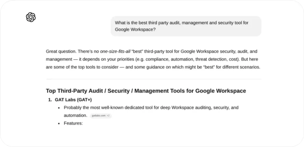 ChatGPT answers What is the best third party audit, management and security tool for Google Workspace?